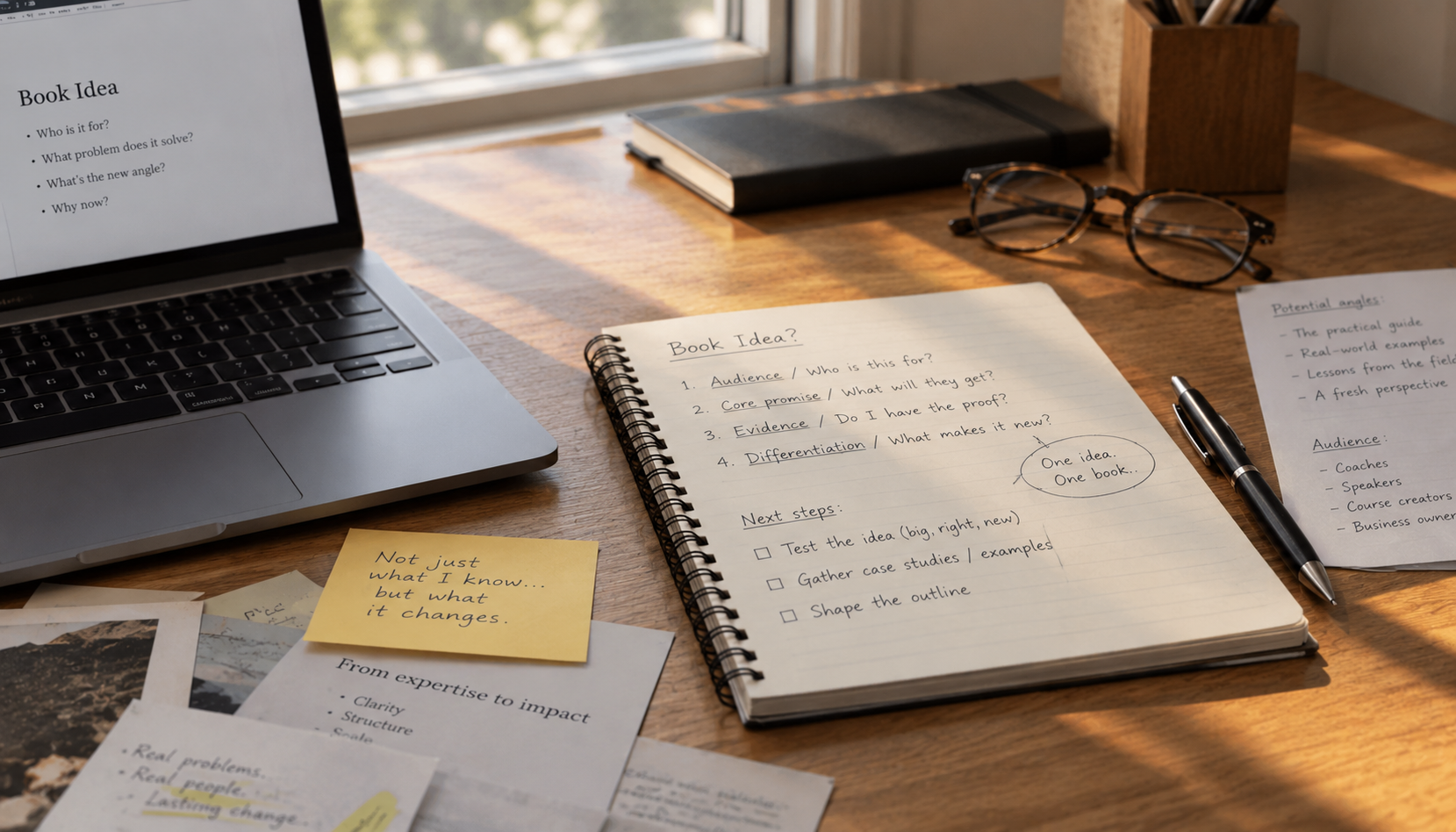 Notebook with handwritten book ideas beside a laptop and pen on a wooden desk
