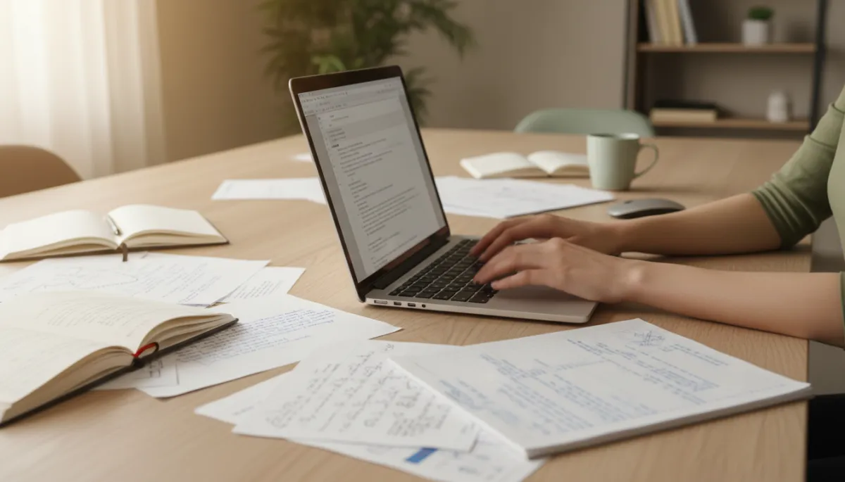 Close-up of hands typing on a laptop at a desk covered in open notebooks and handwritten notes.