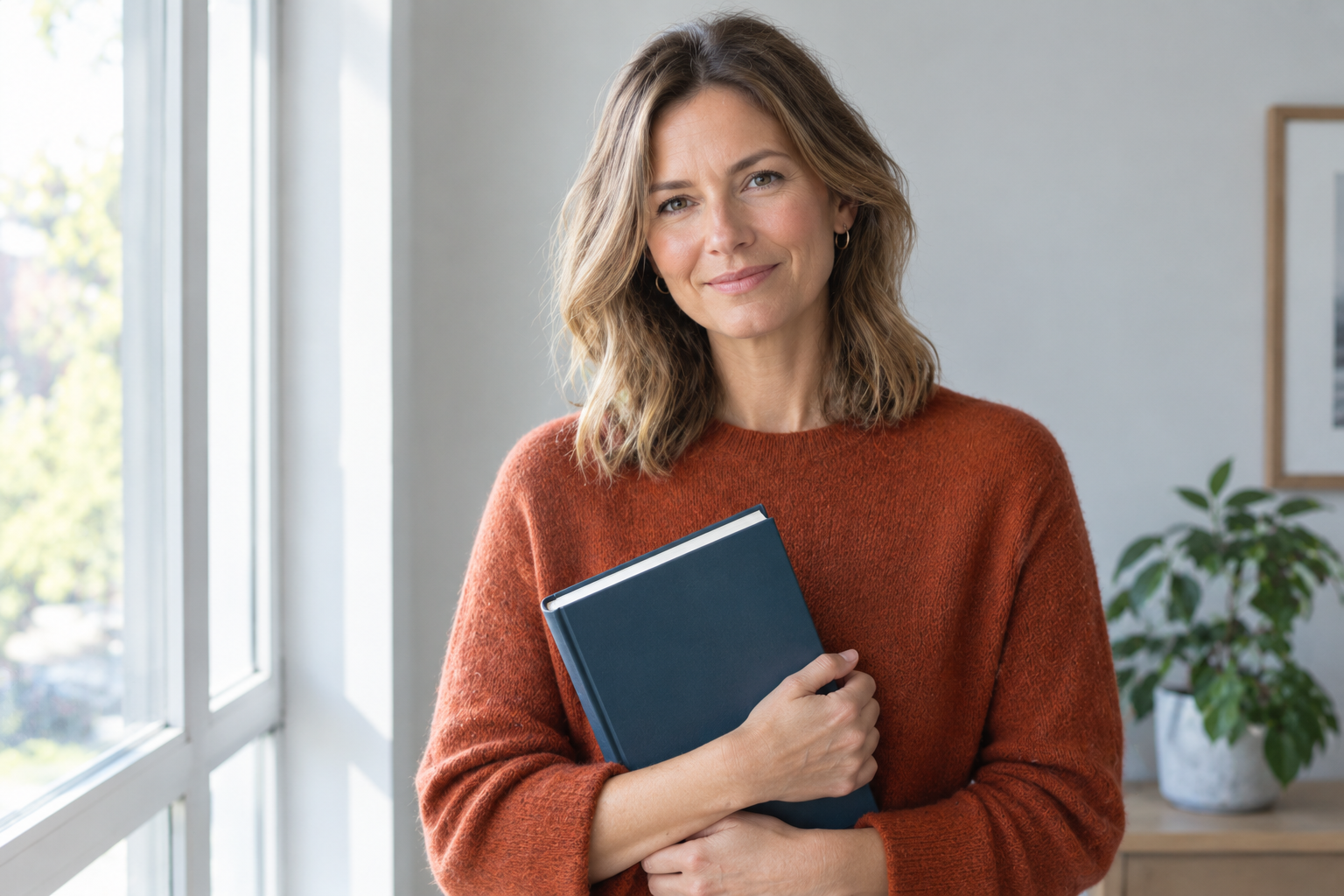Woman in an orange sweater standing by a window, holding a closed hardcover book against her chest.