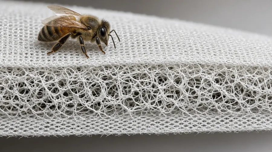 Close-up of 3-layer ventilated mesh fabric with a honeybee on the surface