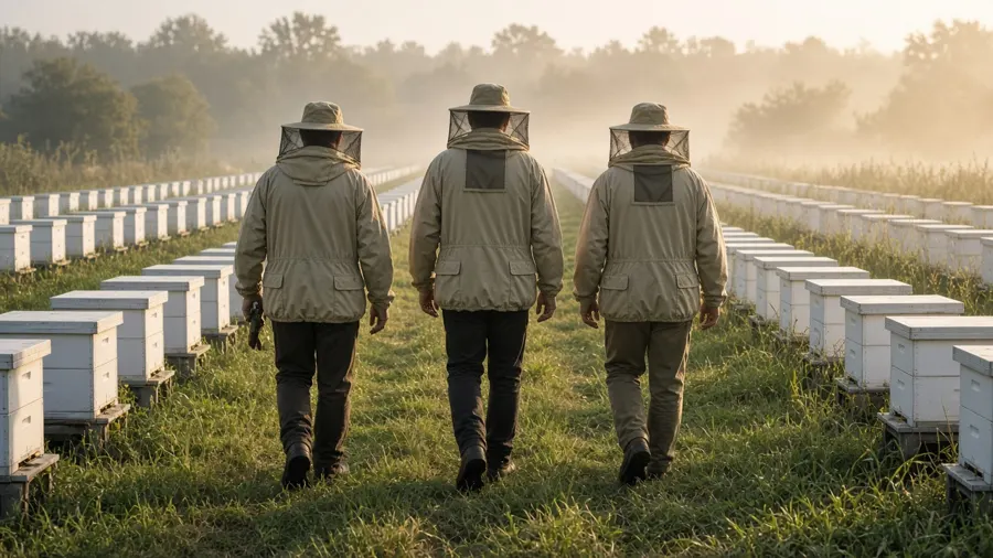 Three beekeepers in khaki suits walking between rows of hives