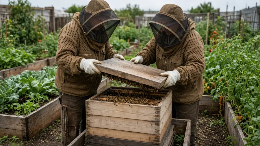 Two volunteers in brown beekeeping jackets inspecting a hive in a community garden