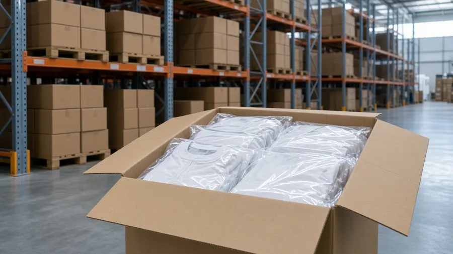 Open carton of packed beekeeping suits in a warehouse