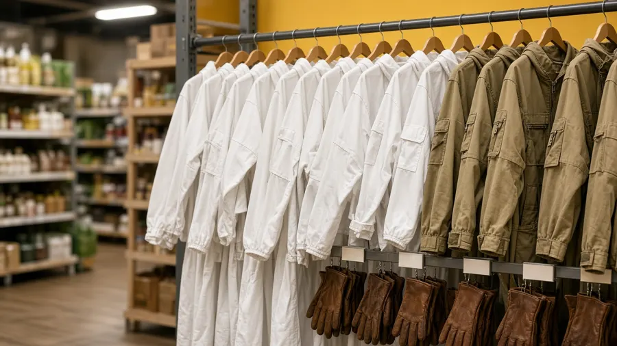 Rack of beekeeping suits and leather gloves in a farm supply store
