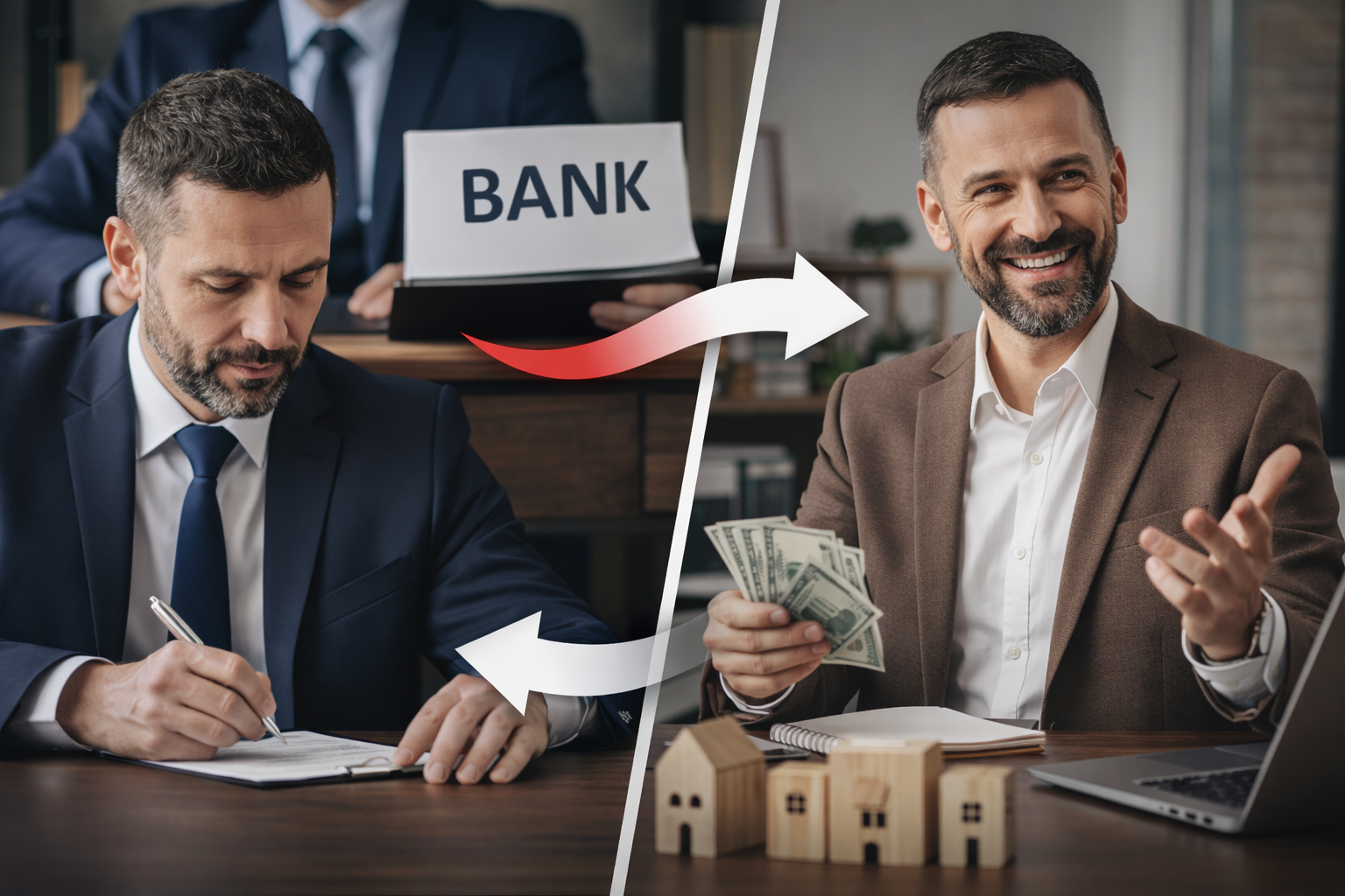 Split image of a business owner transitioning from bank dependence to financial control, showing him signing paperwork under a “Bank” sign on one side and confidently holding cash on the other, symbolizing a shift from borrowing to using his own capital strategy. Split image of a business owner transitioning from bank dependence to financial control, showing him signing paperwork under a “Bank” sign on one side and confidently holding cash on the other, symbolizing a shift from borrowing to using his own capital strategy.