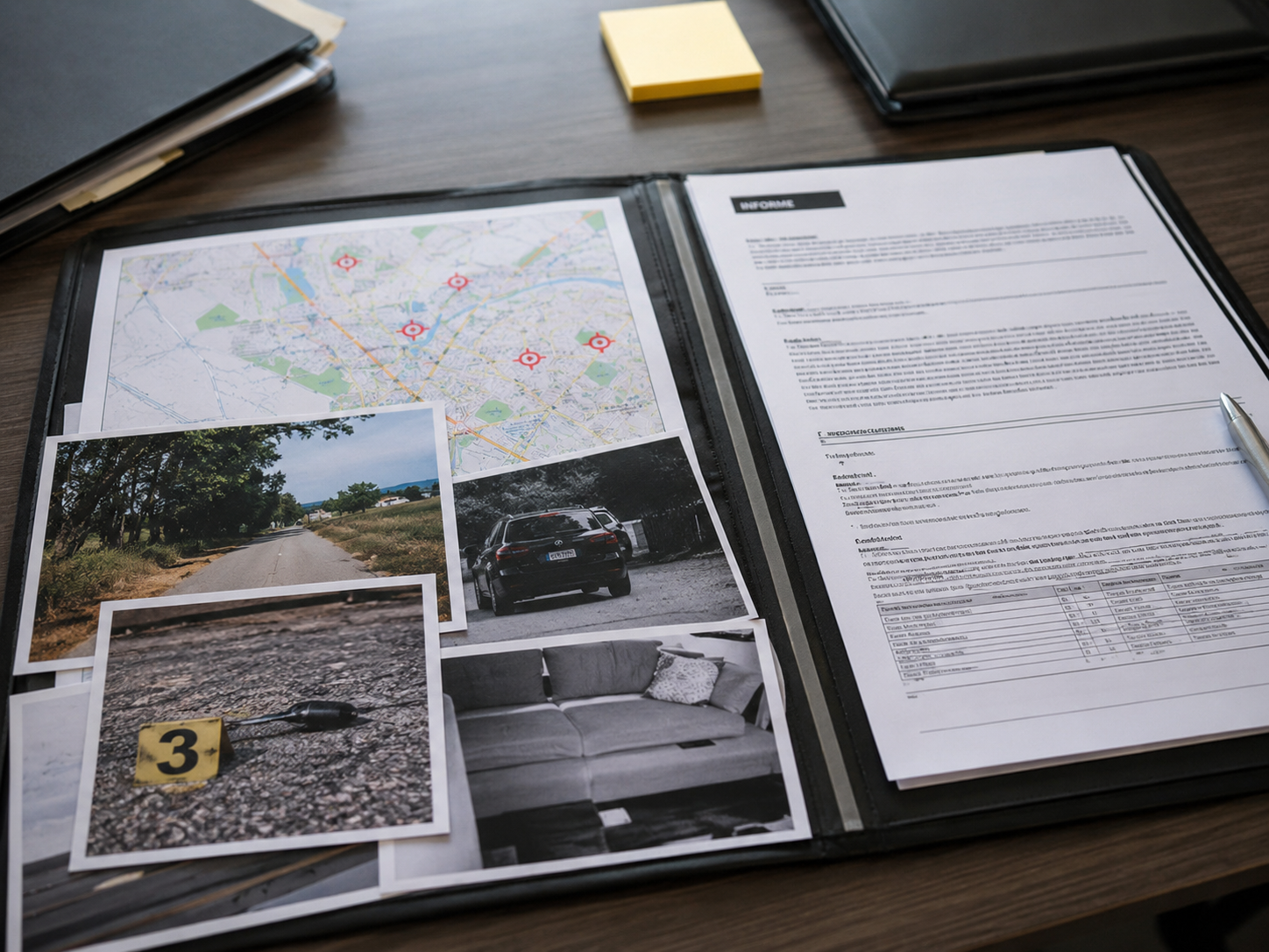 Informe de evidencia entregado por un detective privado en Puerto Rico con fotos y datos GPS.