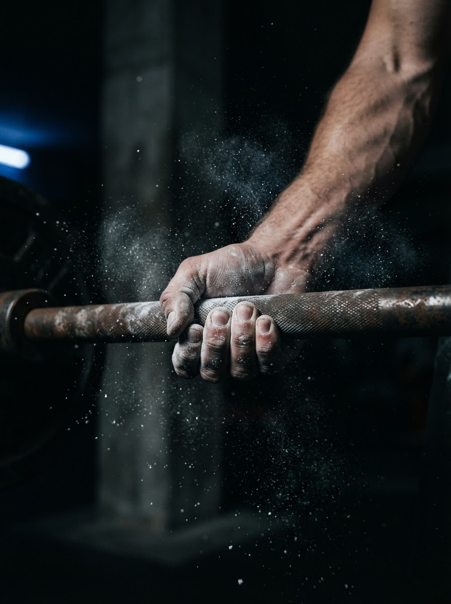 Chalked hand gripping a barbell