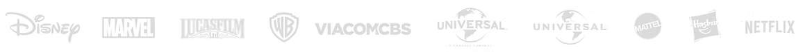 Logos de licencias: Disney, Marvel, Lucasfilm, Warner Bros, ViacomCBS, Universal, Mattel, Hasbro, Netflix
