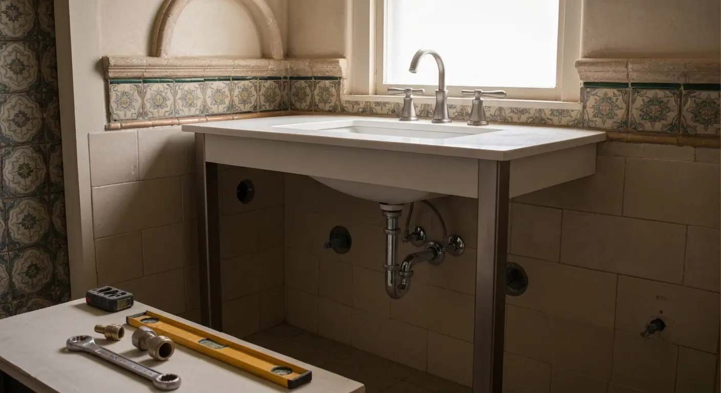 Bathroom vanity installation in historic Castroville home
