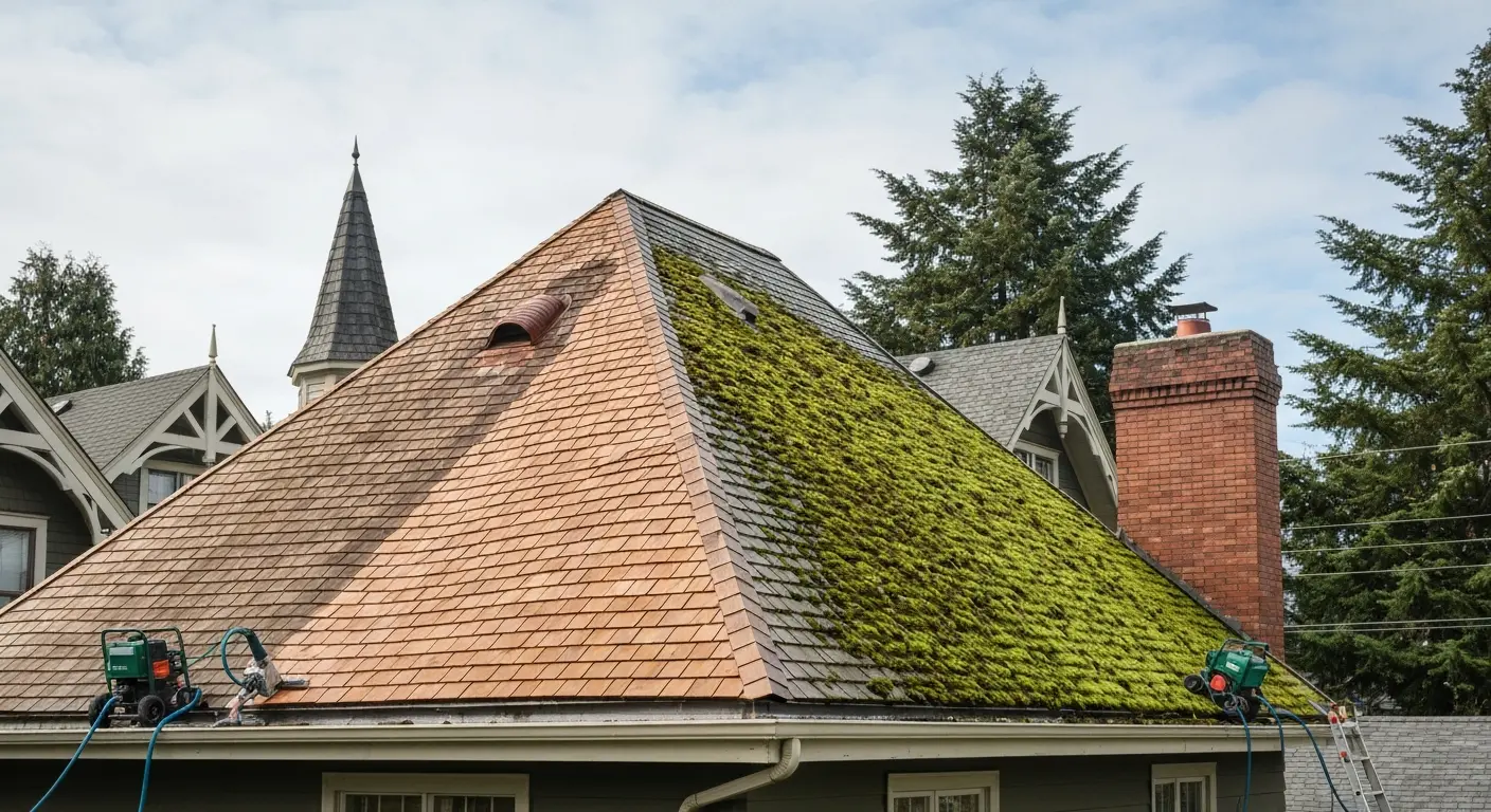 Roof cleaning and moss removal