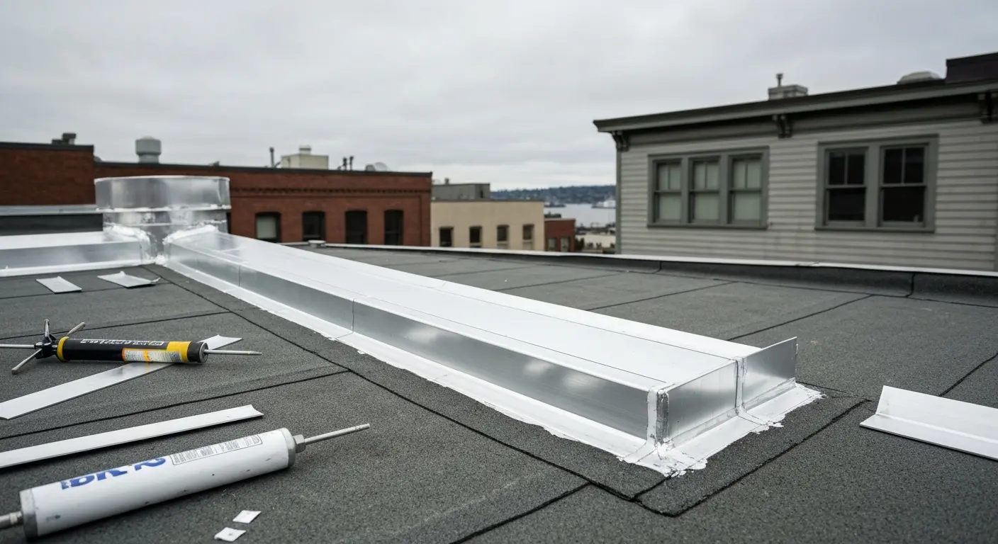 Roof repair work on Seattle commercial building