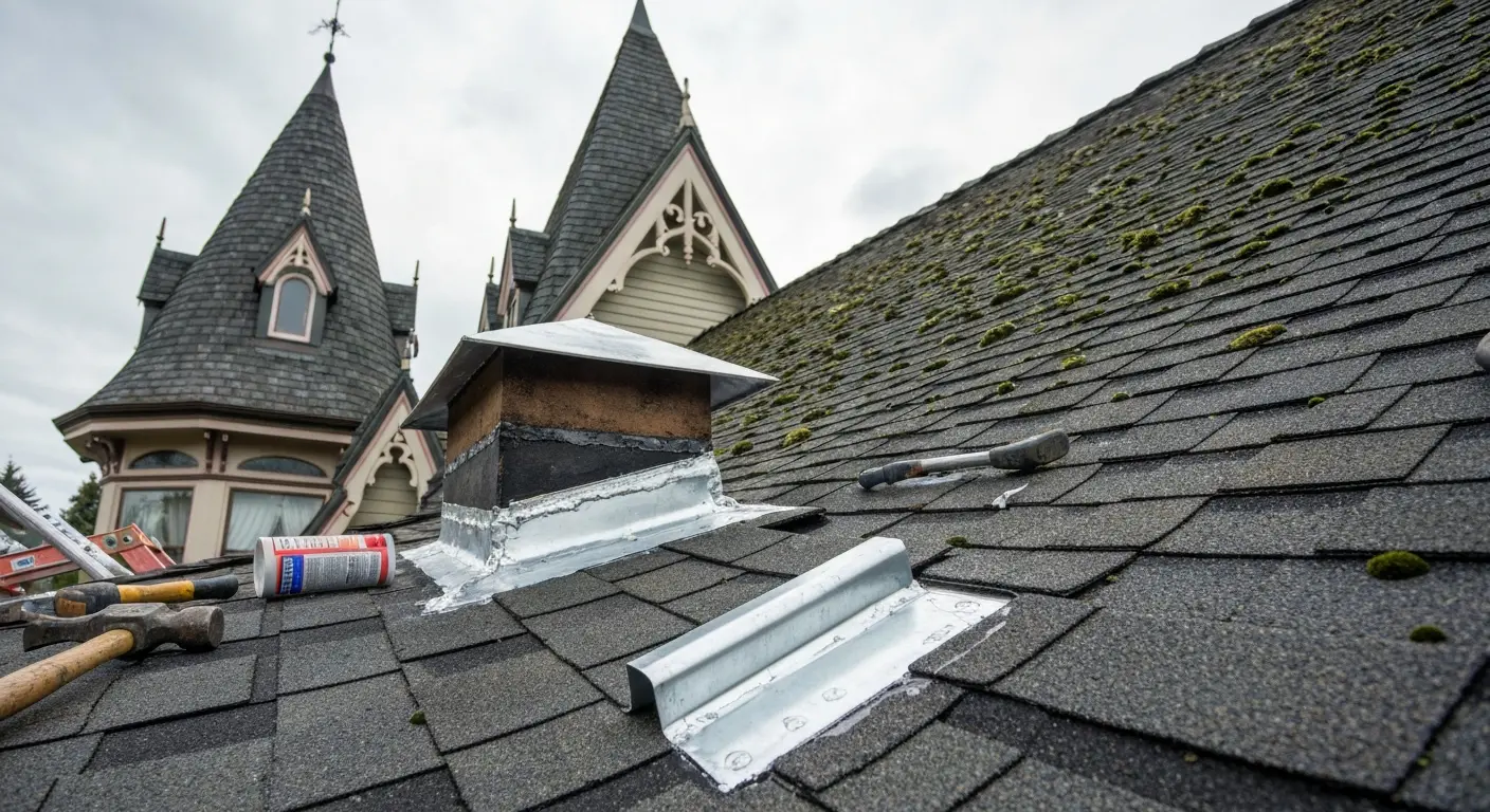 Roof repair on steep Queen Anne home