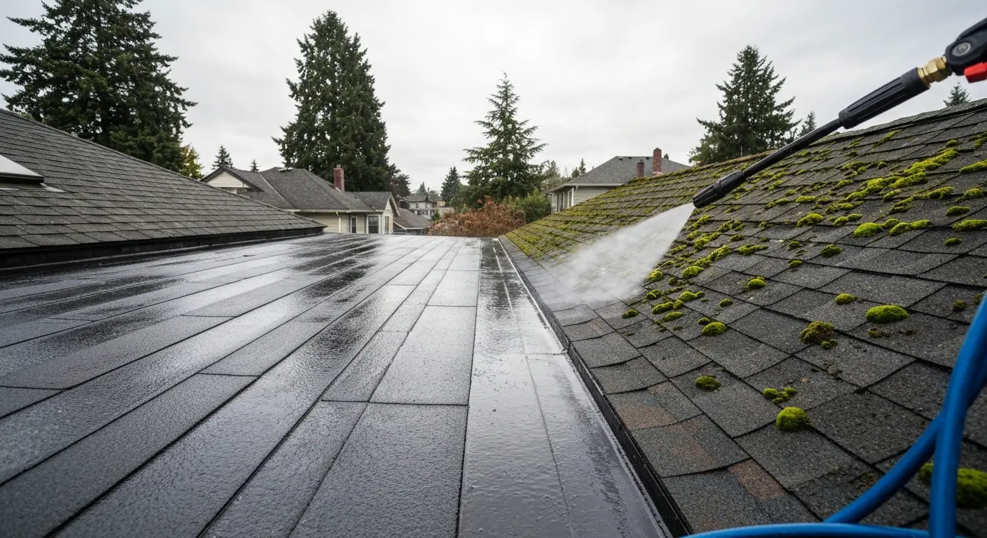 Roof cleaning to remove moss in University District