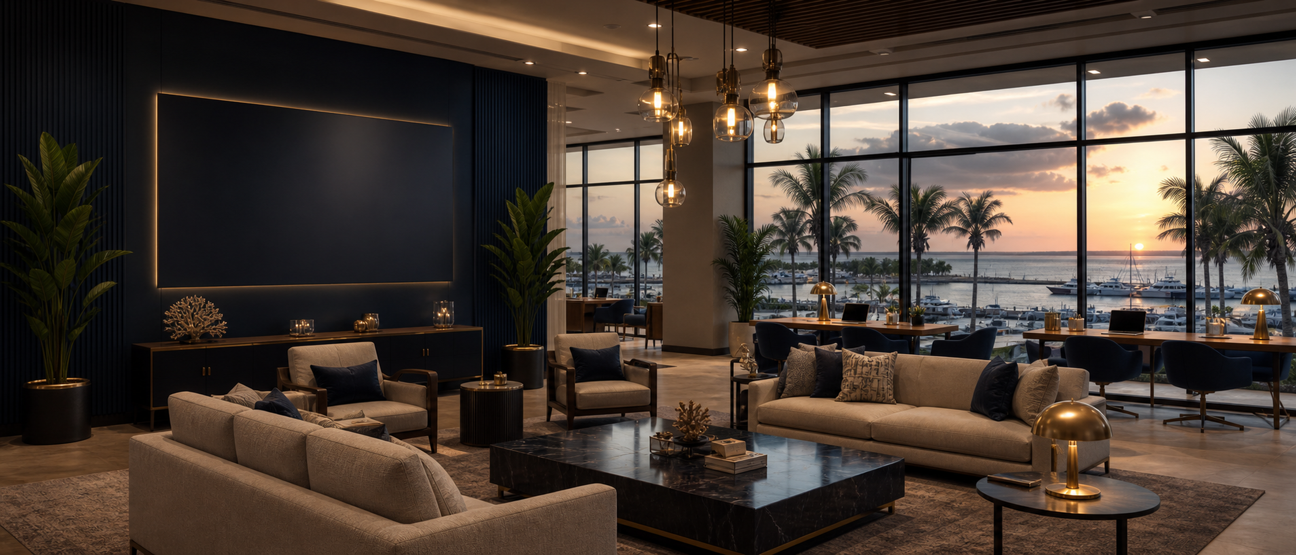 Generated luxury waterfront real estate office lounge