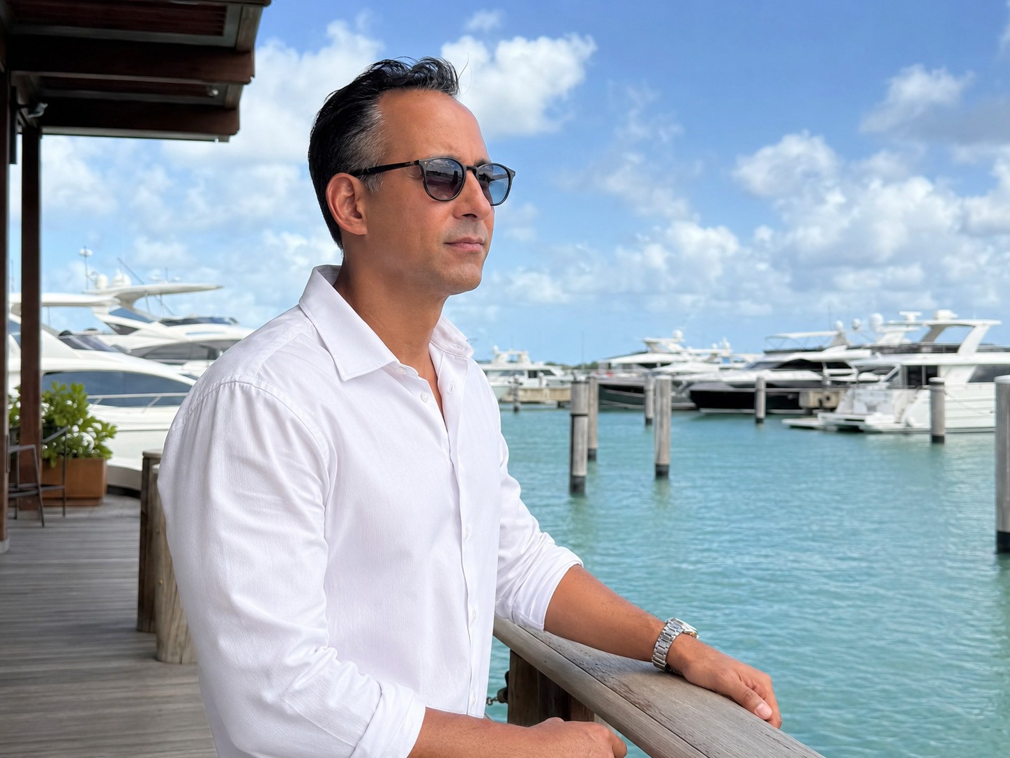 Jonatan de Peña, luxury real estate advisor, photographed by the marina in Cap Cana