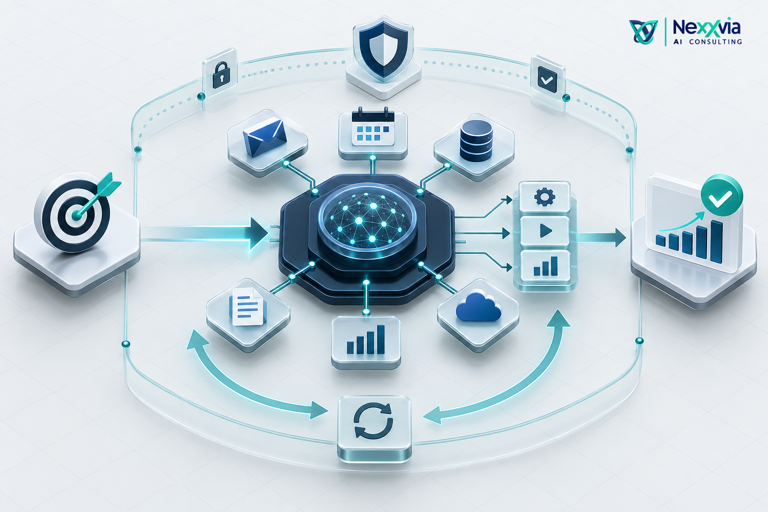 AI agent system connecting a defined goal to business tools, actions, governance controls, feedback loops, and measurable results. AI agent system connecting a defined goal to business tools, actions, governance controls, feedback loops, and measurable results.