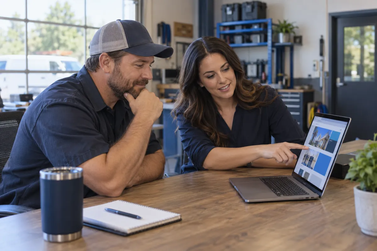 Two people reviewing a polished website together on a laptop in a practical service-business environment