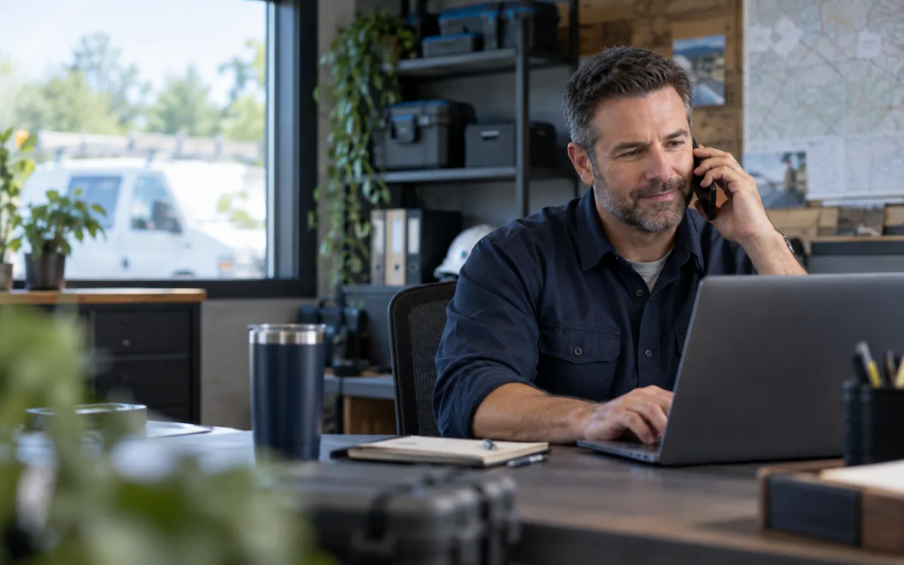 Service business manager using laptop while handling a phone call with field operations nearby