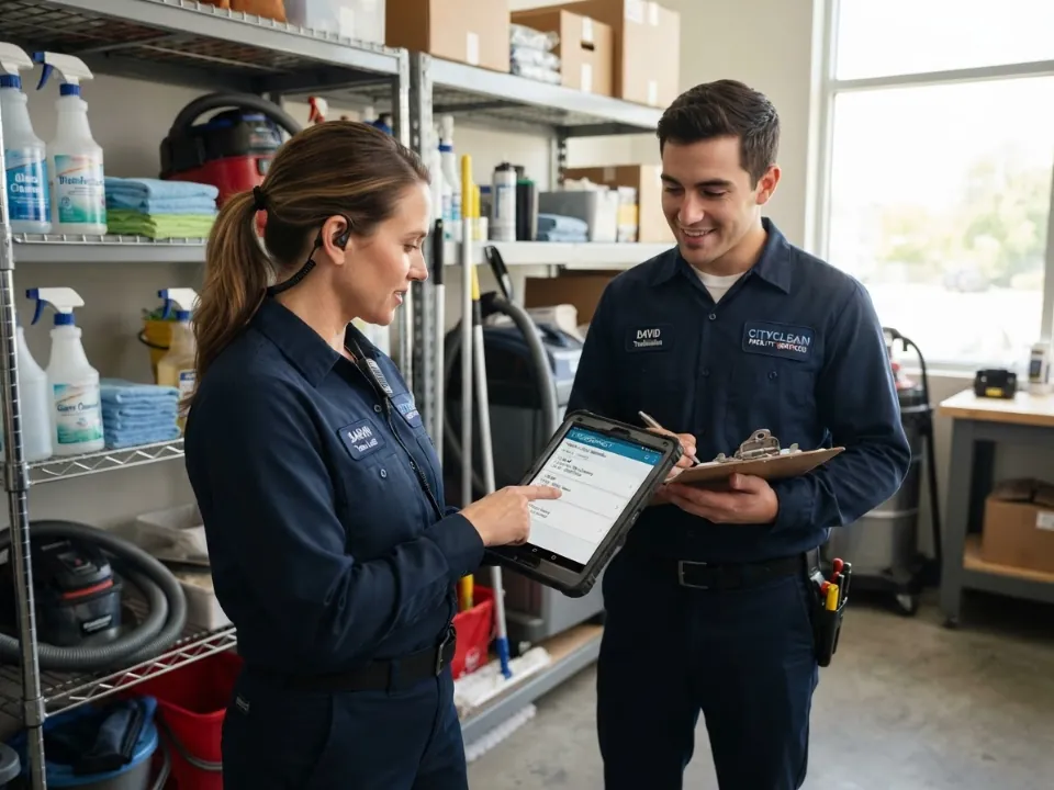 Two field-service professionals using a tablet near work equipment and supplies
