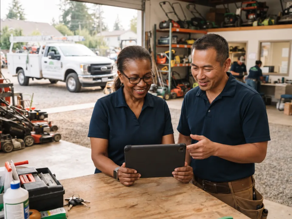 Two people in a landscaping workspace reviewing a completed project photograph on a tablet