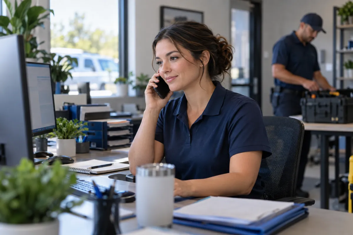 A female office coordinator handling a phone conversation with field operations visible behind her