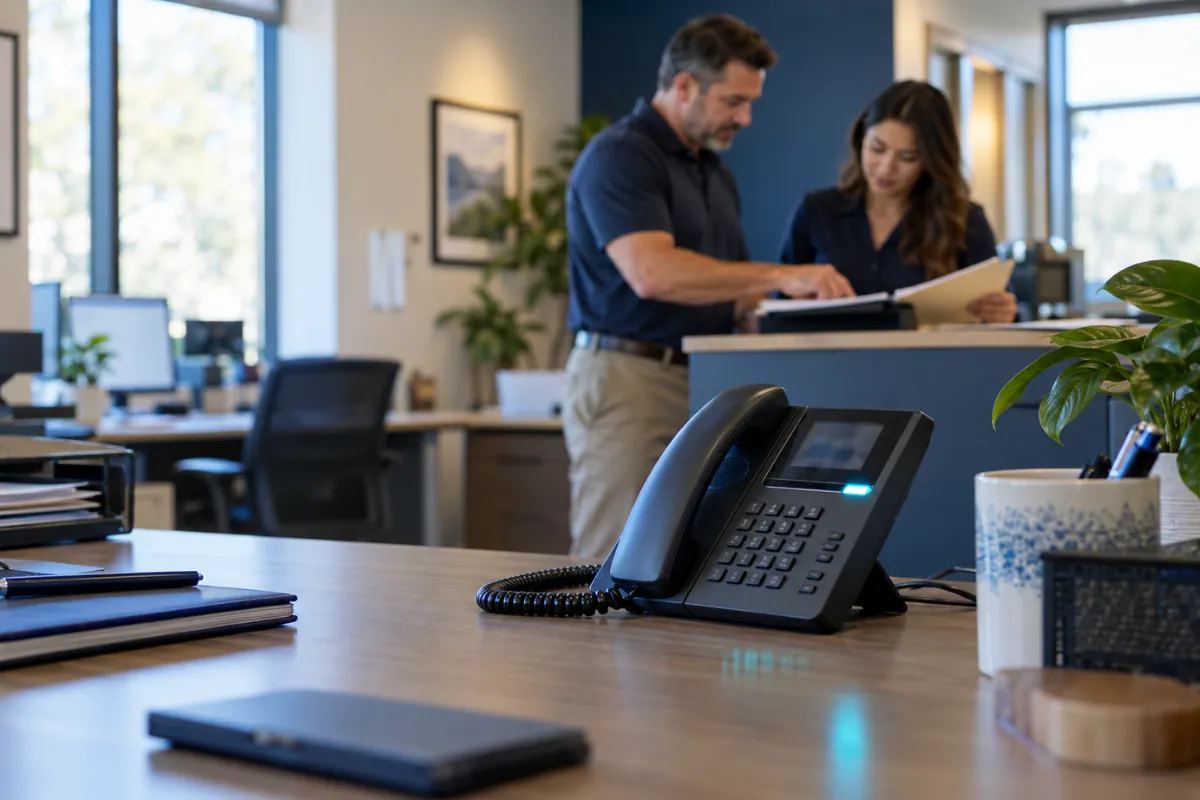 Office telephone in the foreground with a team actively coordinating in the background