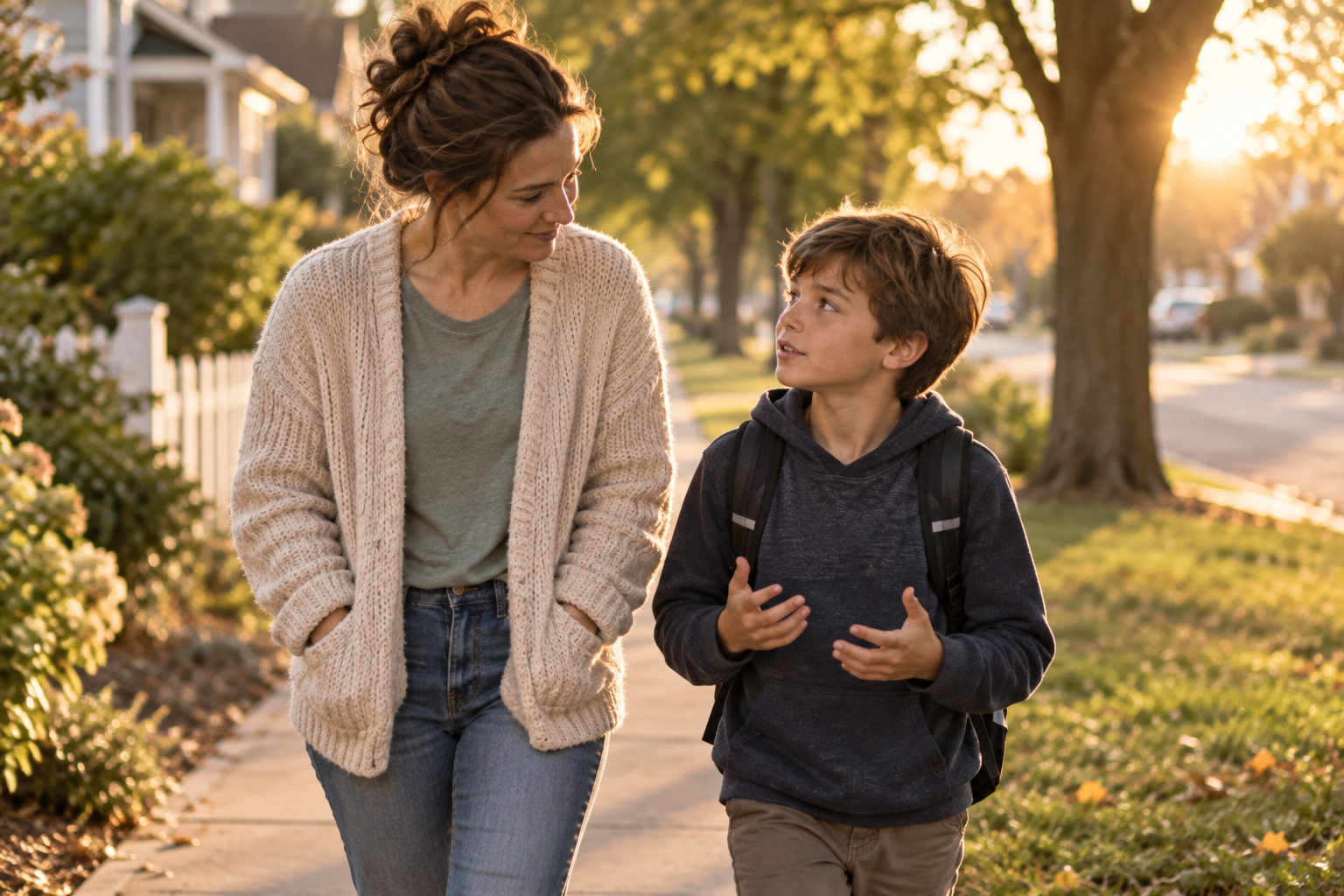 Mother and son talking while walking through their neighborhood