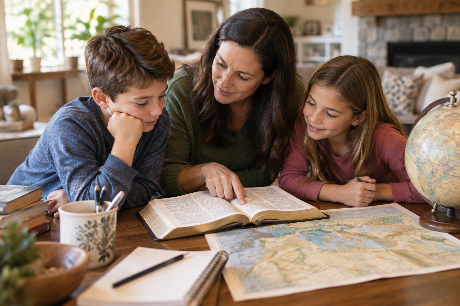 Family learning together around an open map and Bible