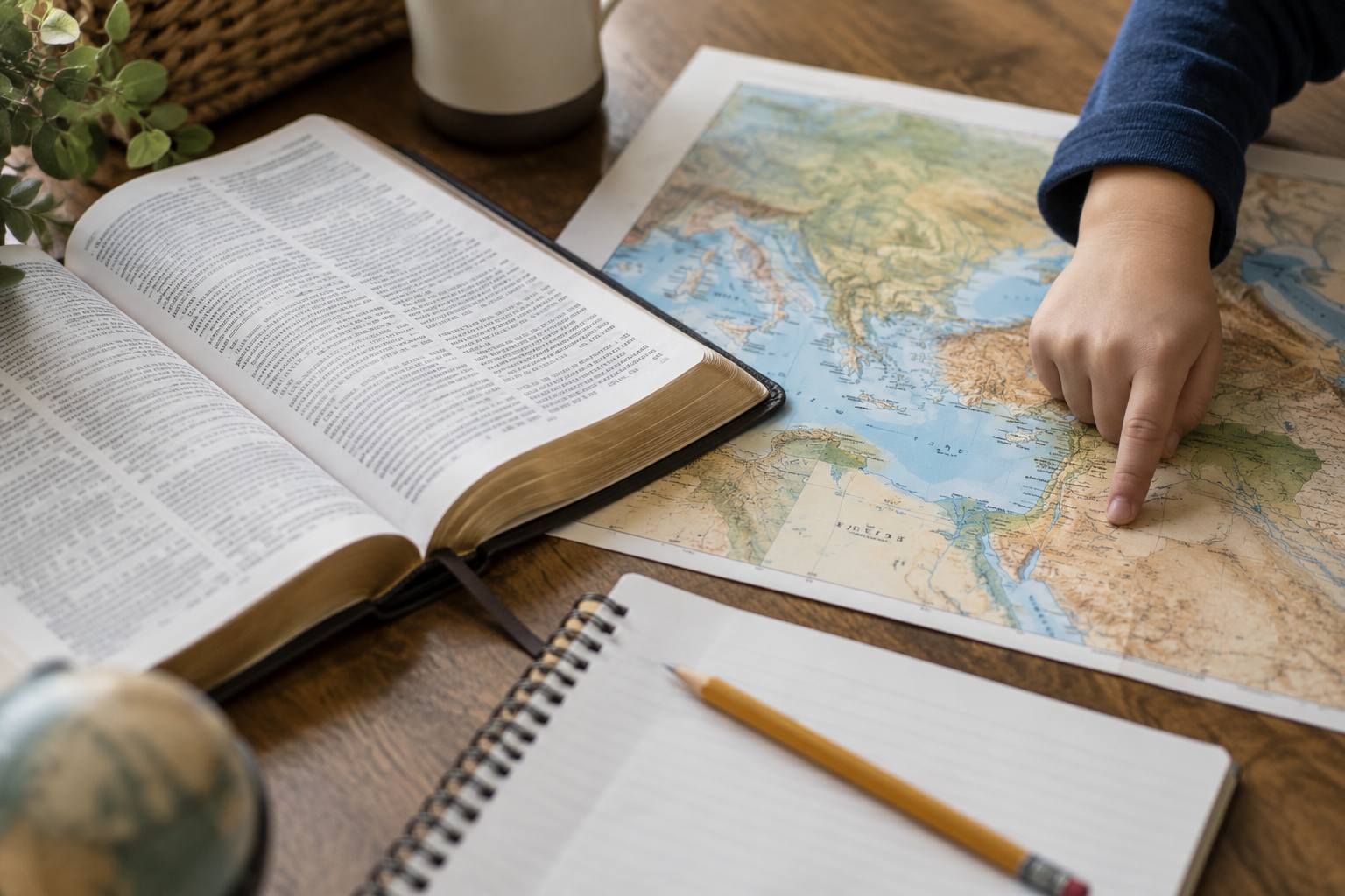 Open Bible beside a map and compass, showing hands-on Scripture exploration