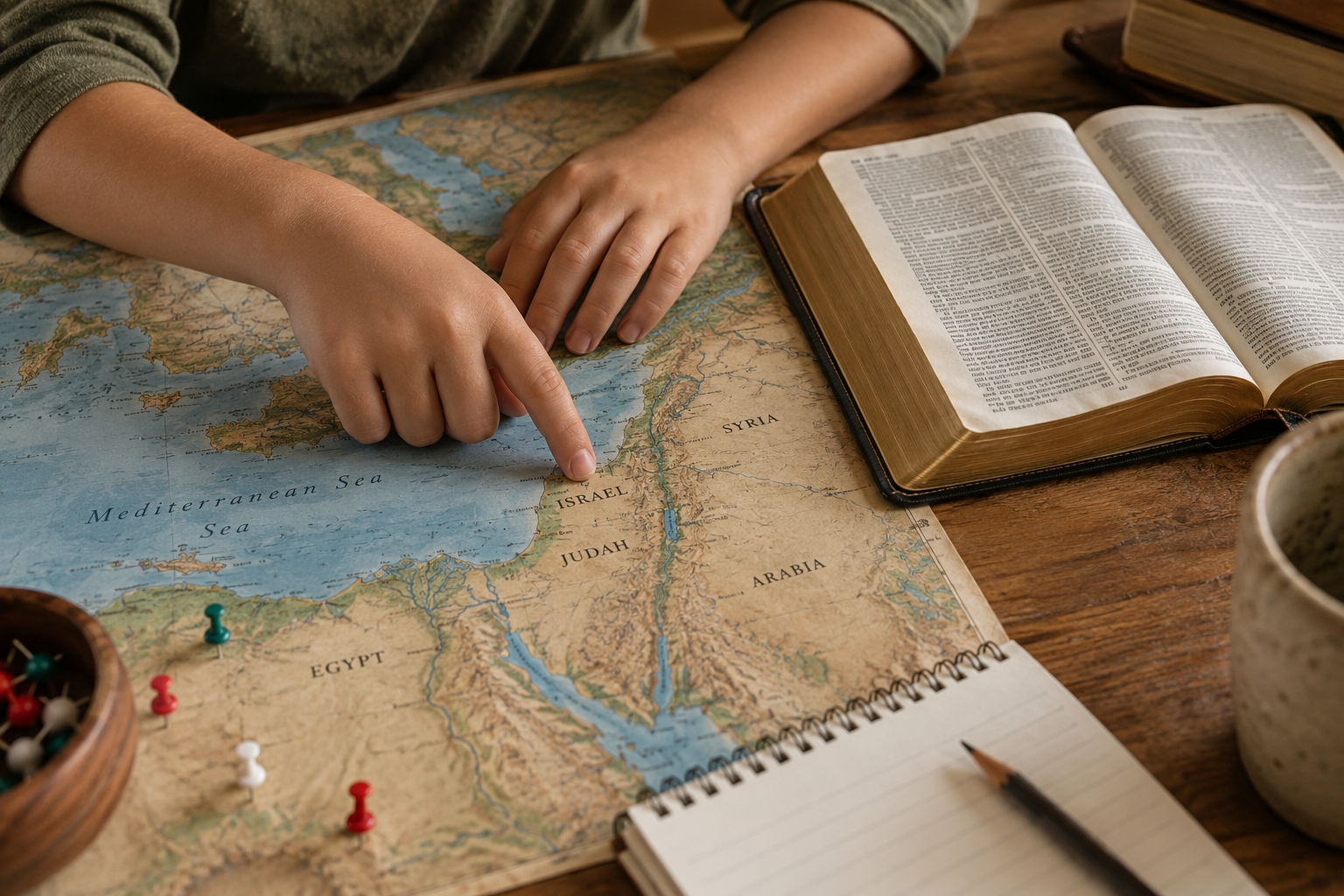 Open Bible beside an ancient Mediterranean style map and study materials.