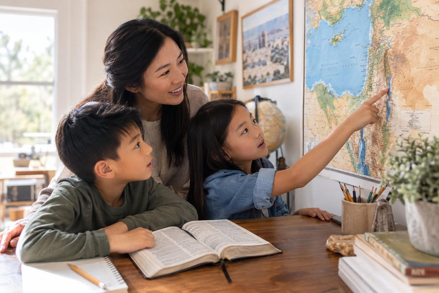 Family looking at a wall map while connecting Bible stories to real places.