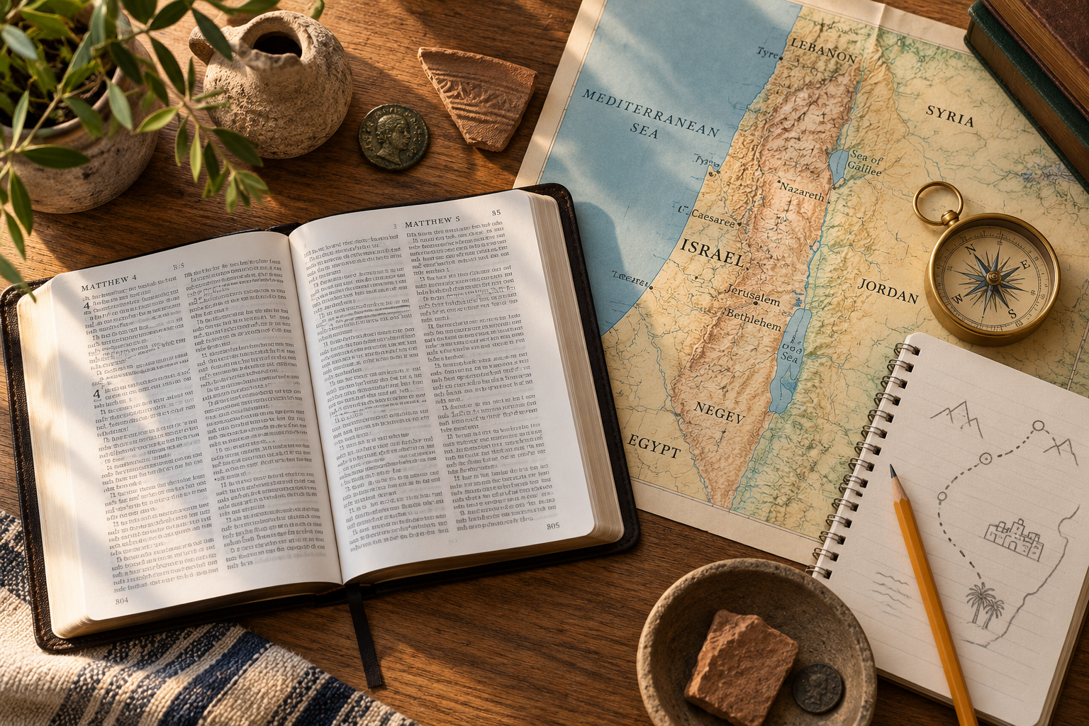 Open Bible with a map, compass, notebook, pottery fragments, and ancient coin