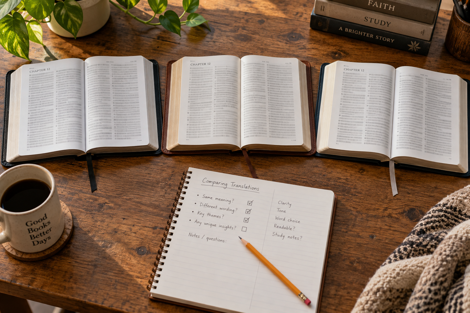 Three open Bibles placed side by side for comparing different translations