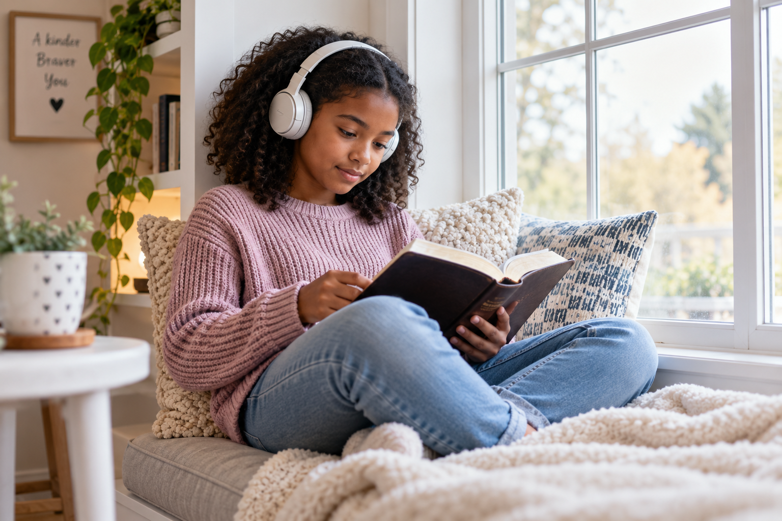 Preteen listening with headphones while following along in a printed Bible