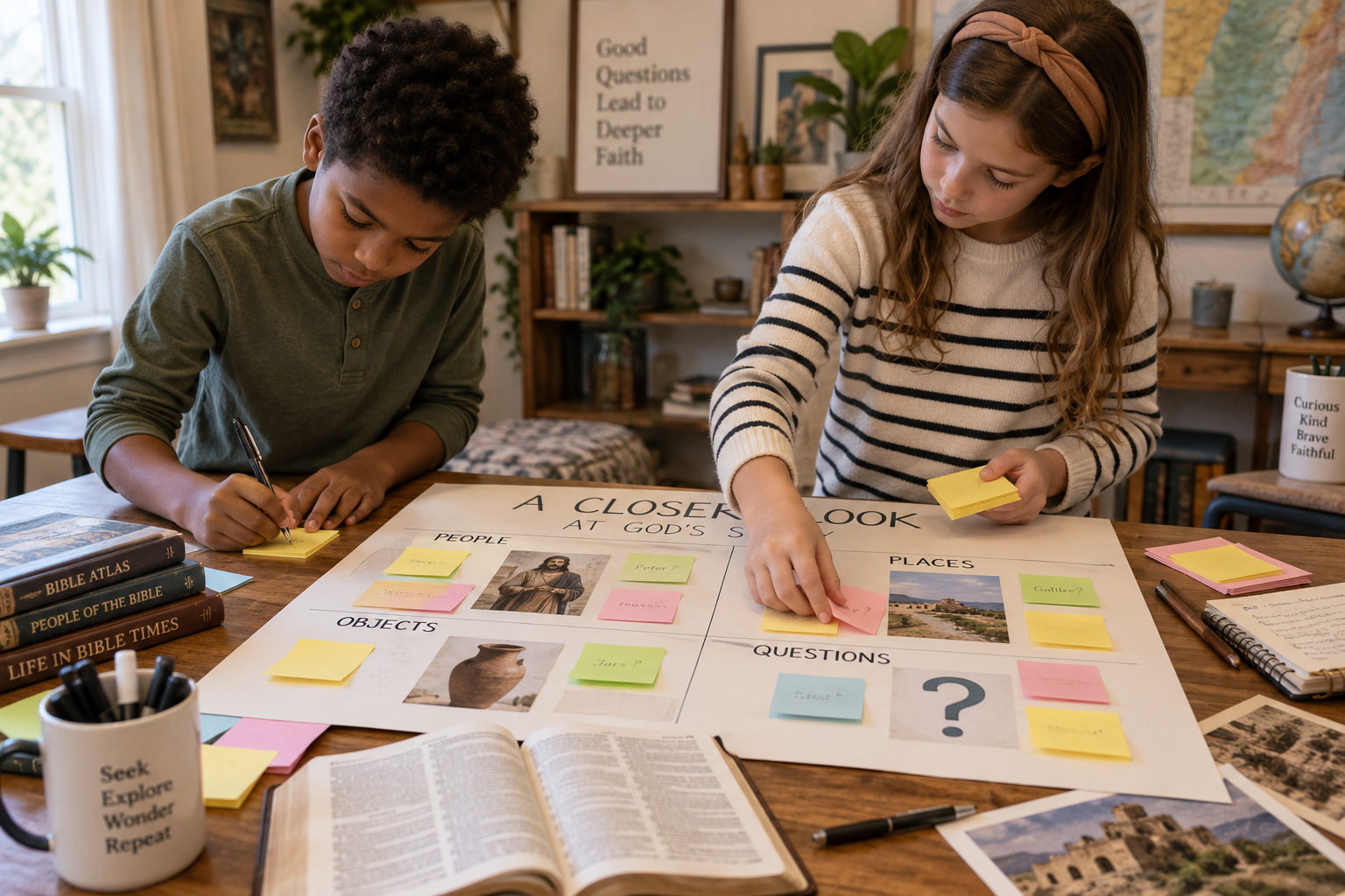 Children using sticky notes and a poster board to organize people, places and clues from a Bible story