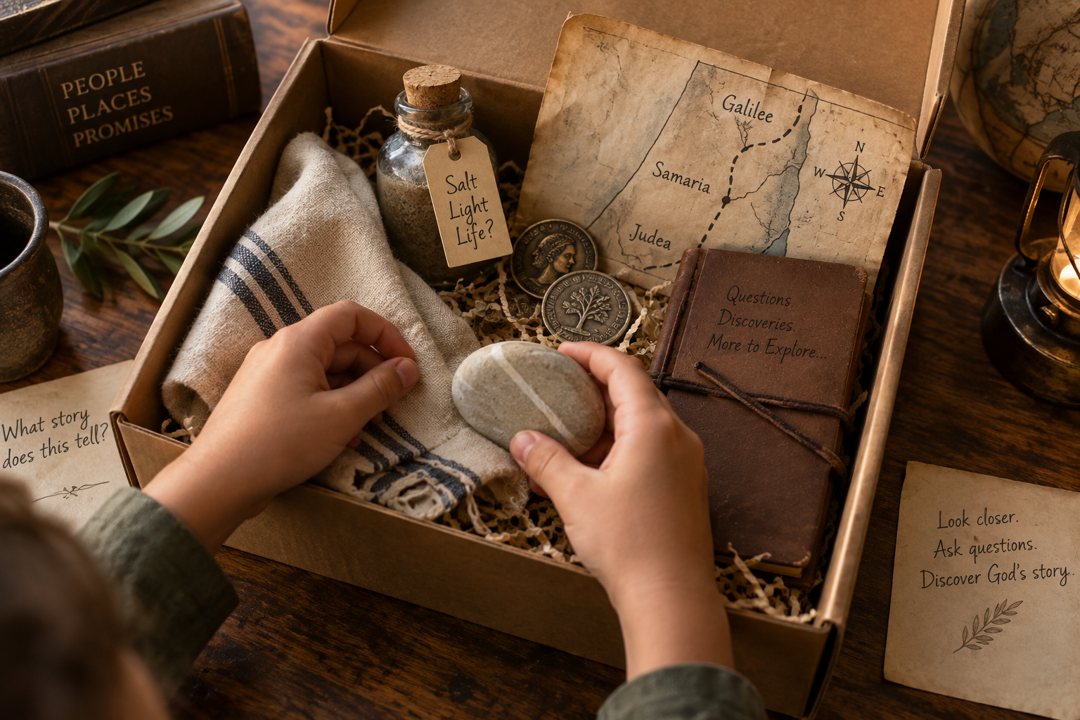 Small mystery box containing a smooth stone, cloth, map and other objects for exploring a Bible story