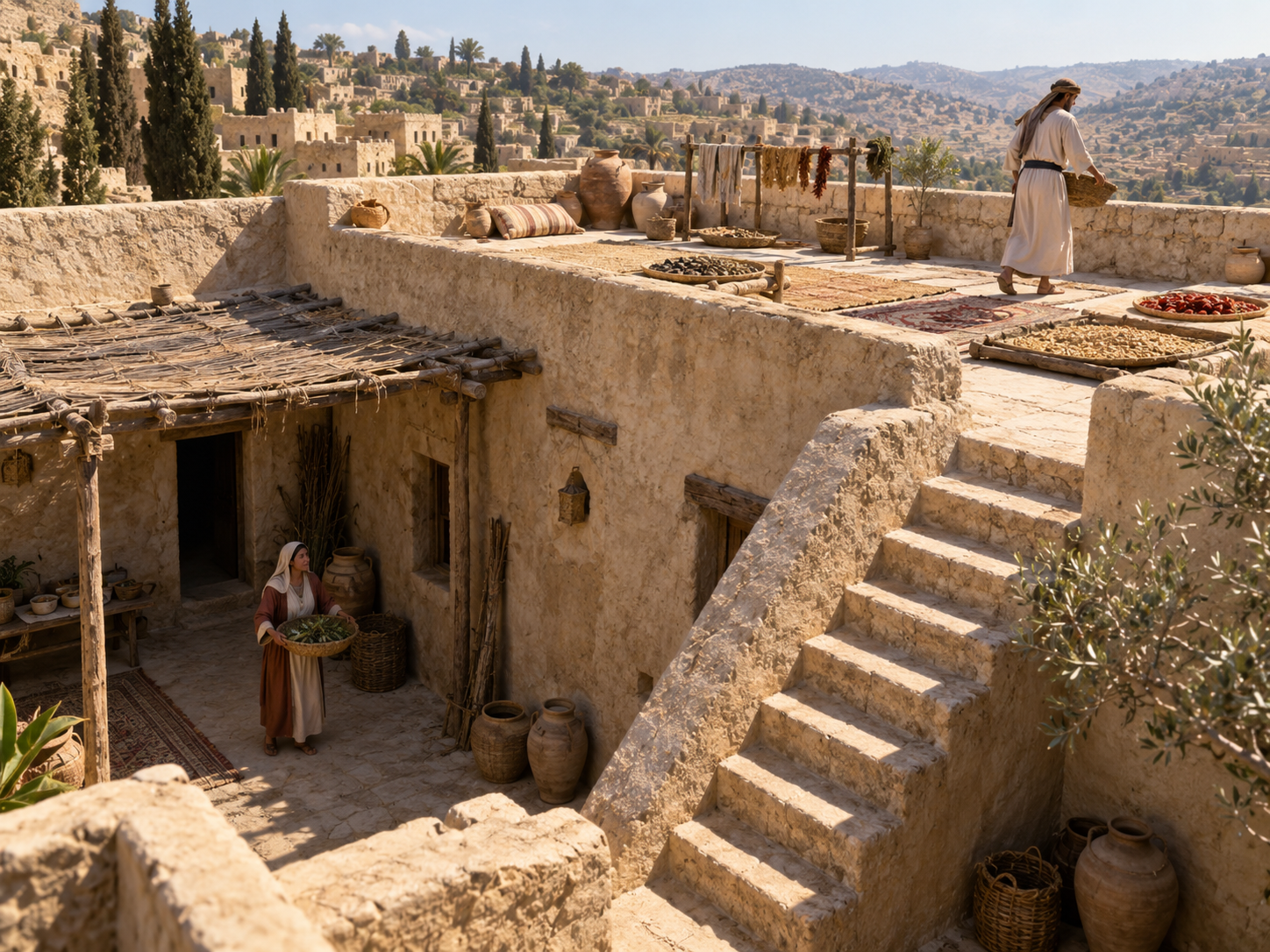 Reconstruction of a flat-roofed ancient home with stairs leading from the courtyard to the rooftop