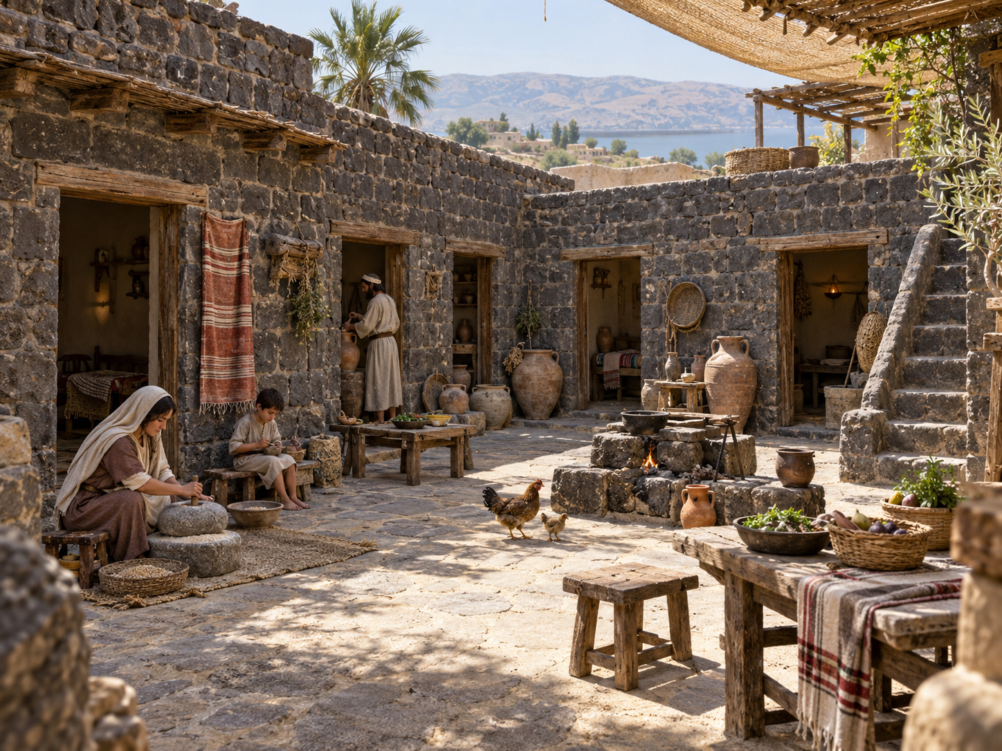Reconstruction of a first-century Galilean courtyard home with basalt walls, cooking area and several rooms