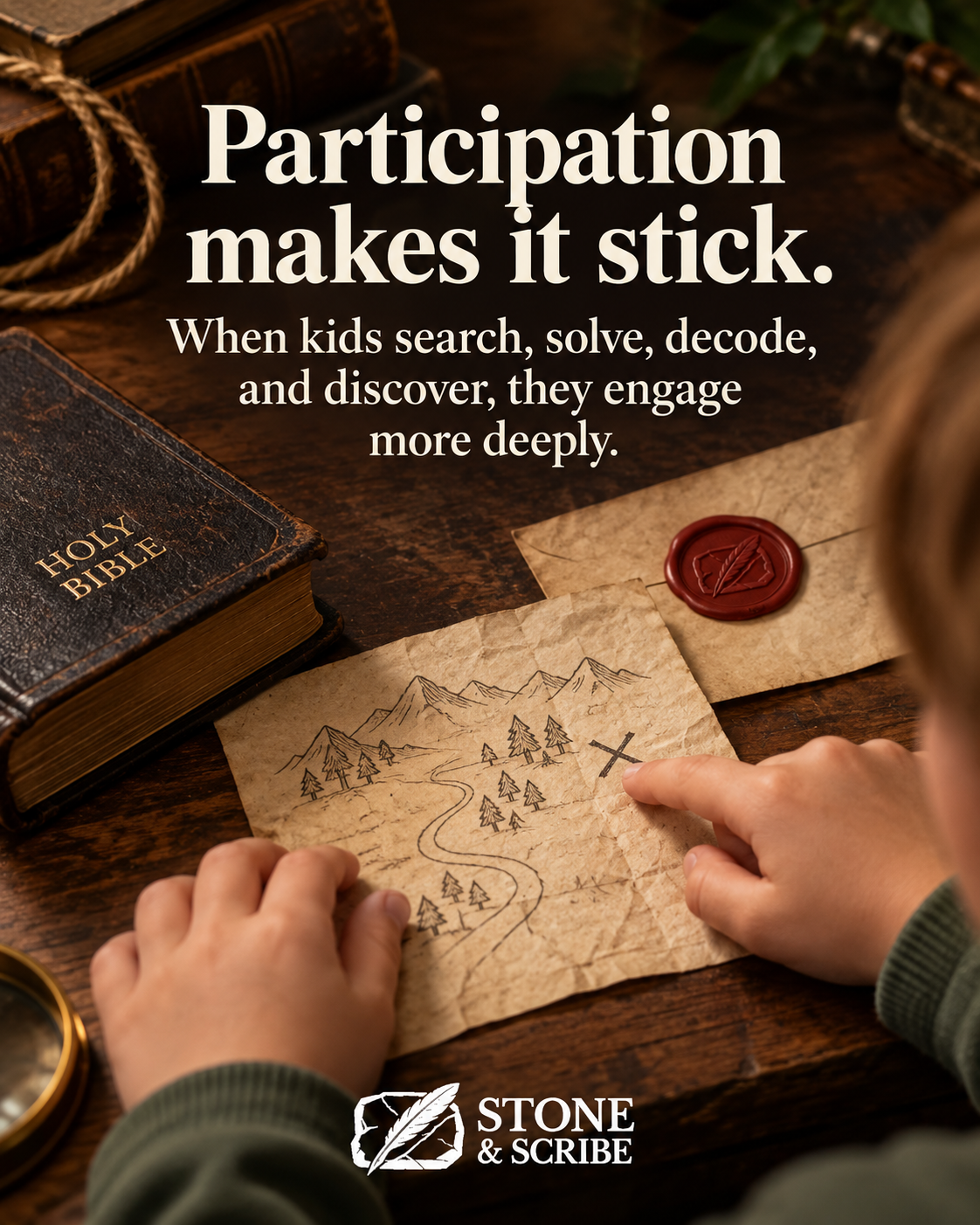 Child examining a map and clues during a hands-on Bible story activity