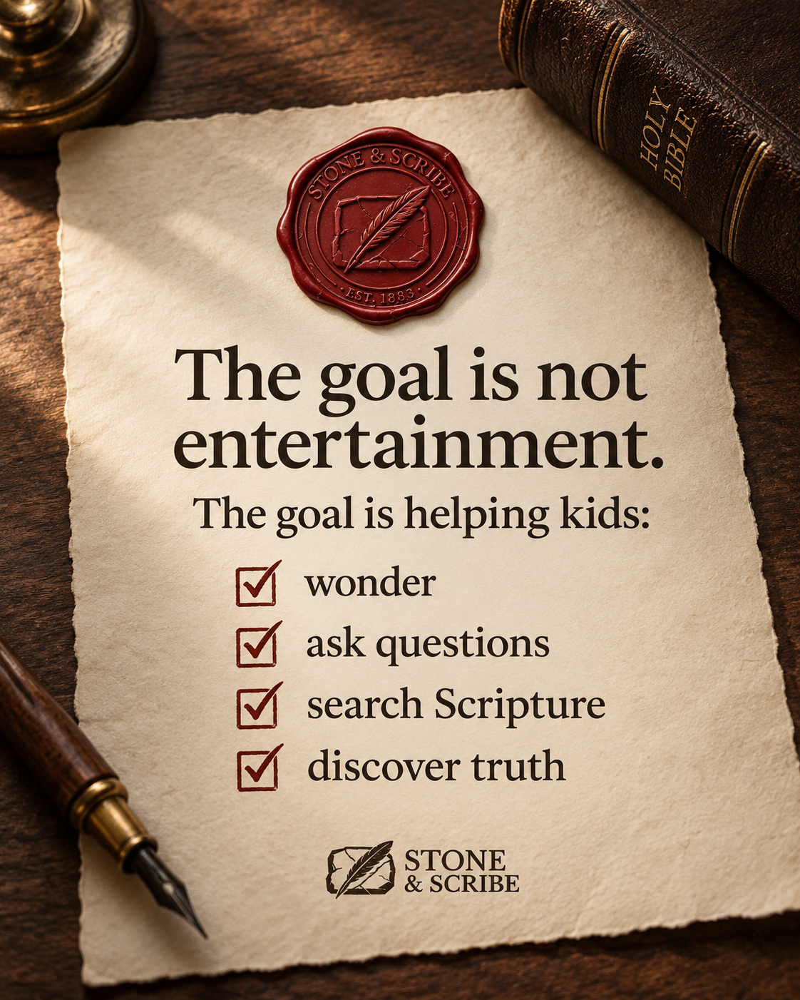 Stone and Scribe graphic about helping kids wonder, ask questions, search Scripture and discover truth