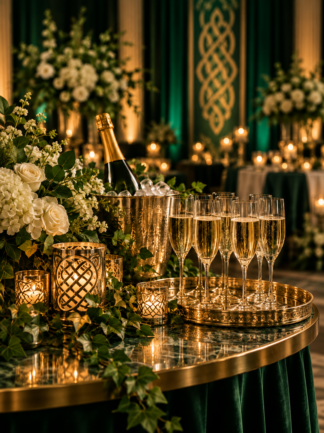 Champagne and wine glasses at an elegant emerald-and-gold Celtic-inspired gala reception