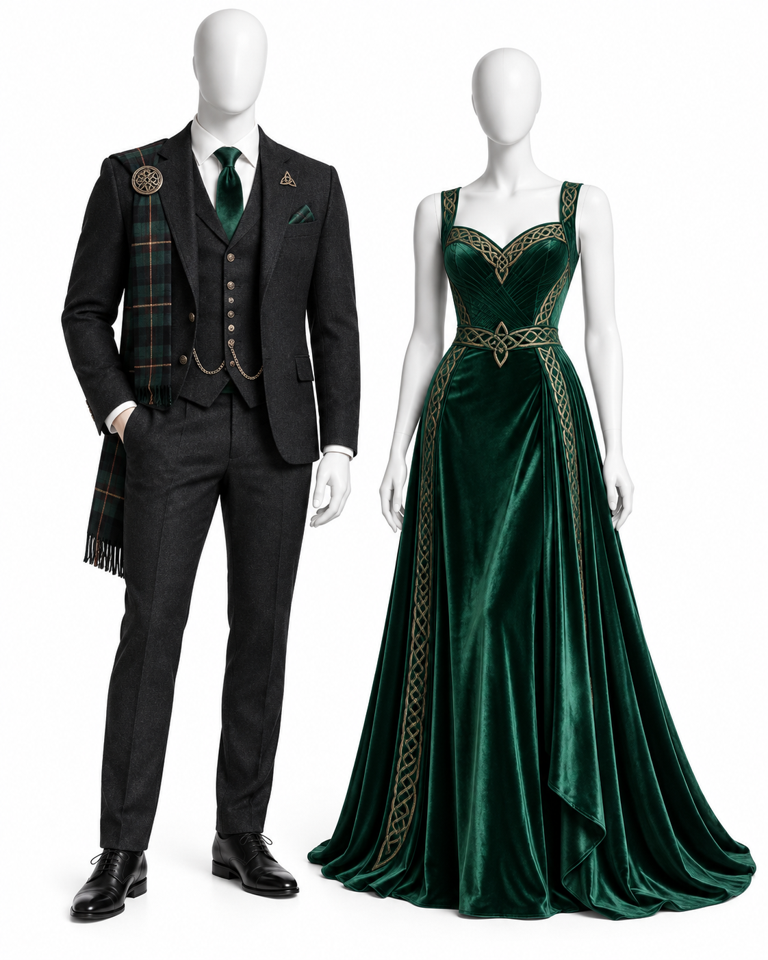 Male and female mannequins wearing elegant Celtic-inspired gala attire on a white background