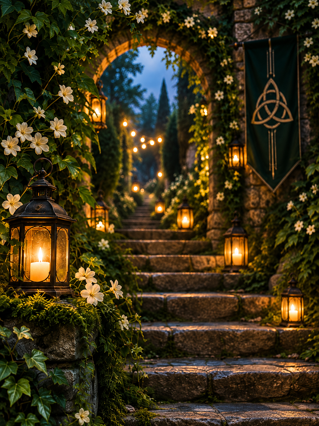 A lantern-lit enchanted garden path with Celtic-inspired details, evoking the magical gala atmosphere
