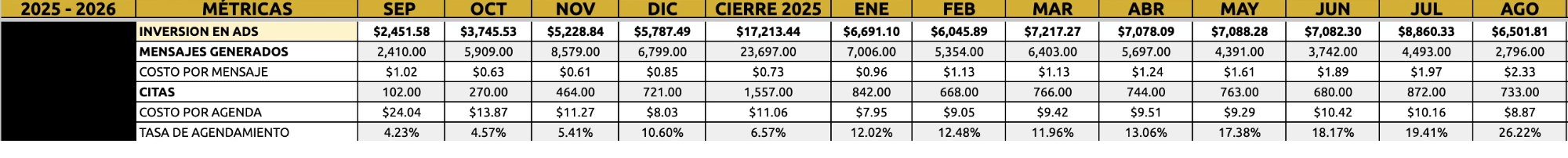 Planilla mensual del local durante doce meses: inversión en ads, mensajes generados, costo por mensaje, citas, costo por agenda y tasa de agendamiento