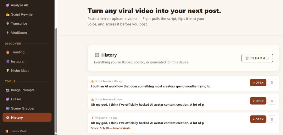 The FlipIt History screen listing saved Script Rewrite and ViralScore entries.