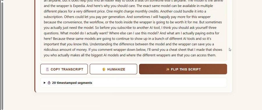 A finished FlipIt transcript with Copy transcript, Humanize and Flip this script buttons and 20 timestamped segments.