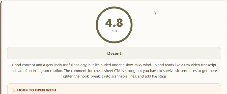 A real ViralScore result: 4.8 out of 10, Decent, with the reasons