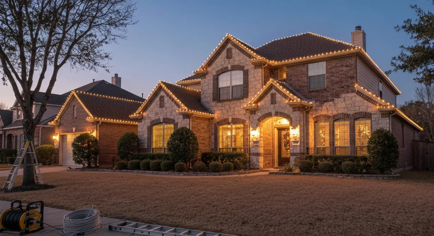 Residential Christmas light installation on home