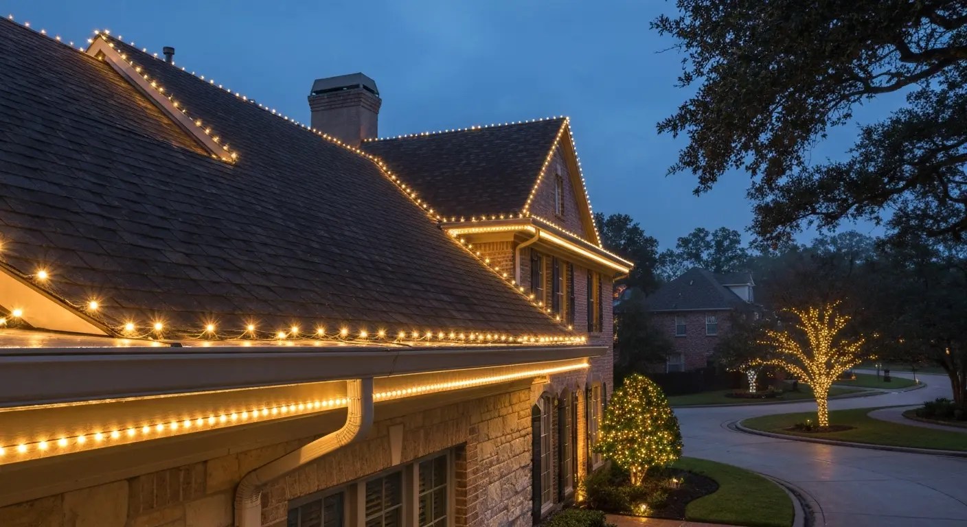 Holiday light installation on roofline