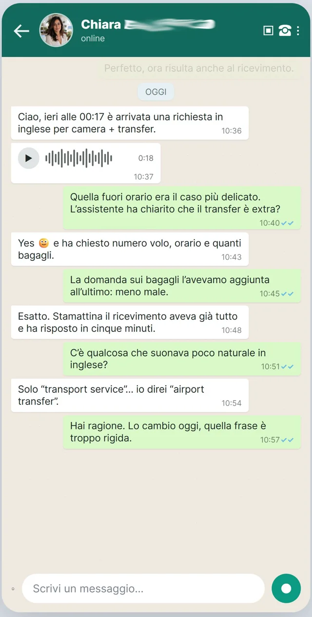 Conversazione WhatsApp con la referente di un hotel